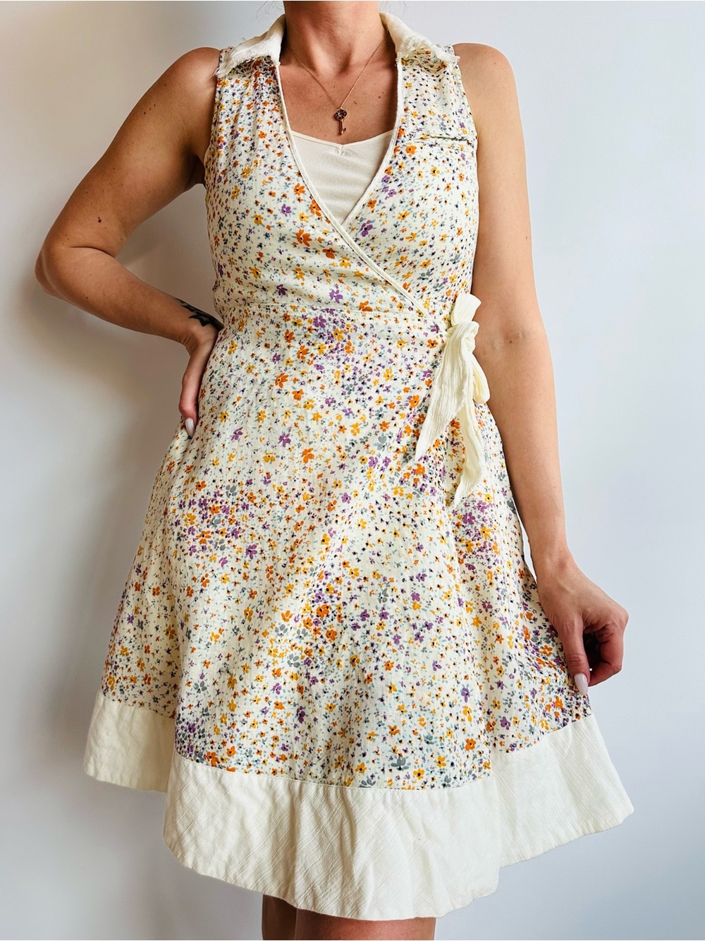 Vintage Free People Linen Cotton Floral Sleeveless Wrap Mini Dress Boho - Picture 2 of 10